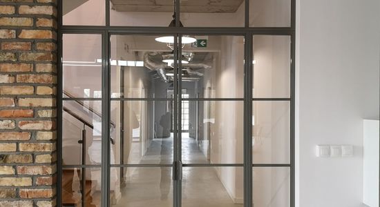 Szklana ściana industrialna LOFT z drzwiami dwuskrzydłowymi ścianka loftowa drzwi metalowe szklane Iwona P. | Poznań 2