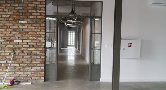 Szklana ściana industrialna LOFT z drzwiami dwuskrzydłowymi ścianka loftowa drzwi metalowe szklane Iwona P. | Poznań 4